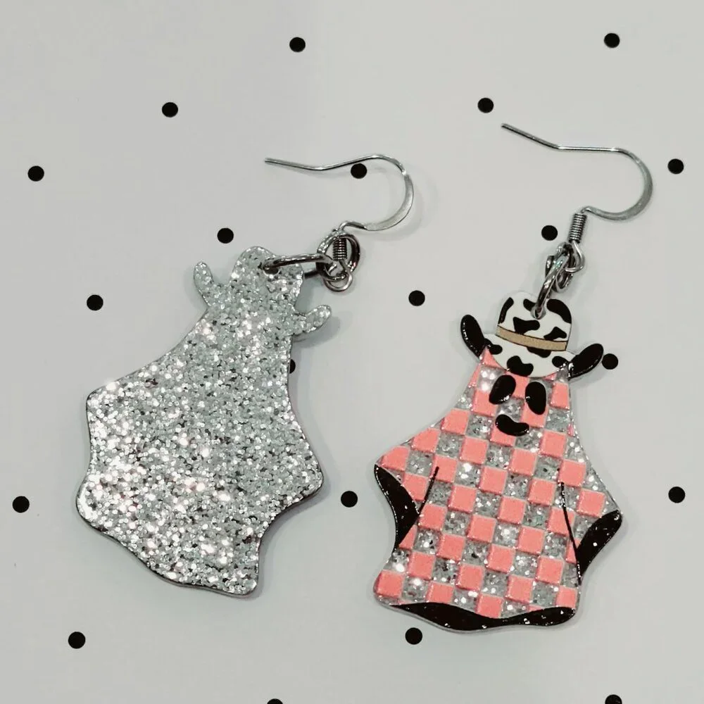 Pink Checkered Cowboy Ghost Earrings Stainless Steel Hooks Western Halloween NEW - Picture 6 of 7